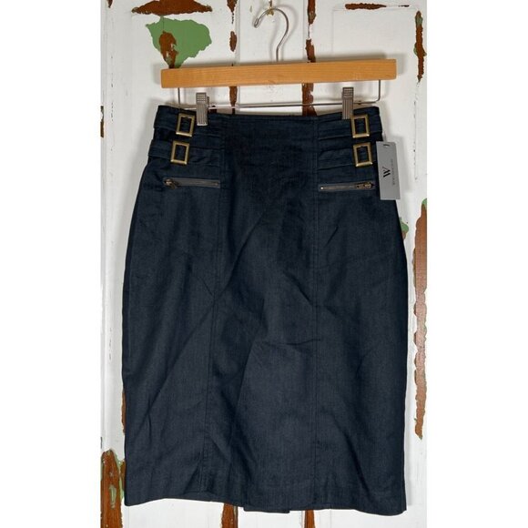 NWT VTG Worthington Womens Size 6 Charcoal Denim Pencil Skirt Side Belt Zippers - Picture 4 of 14